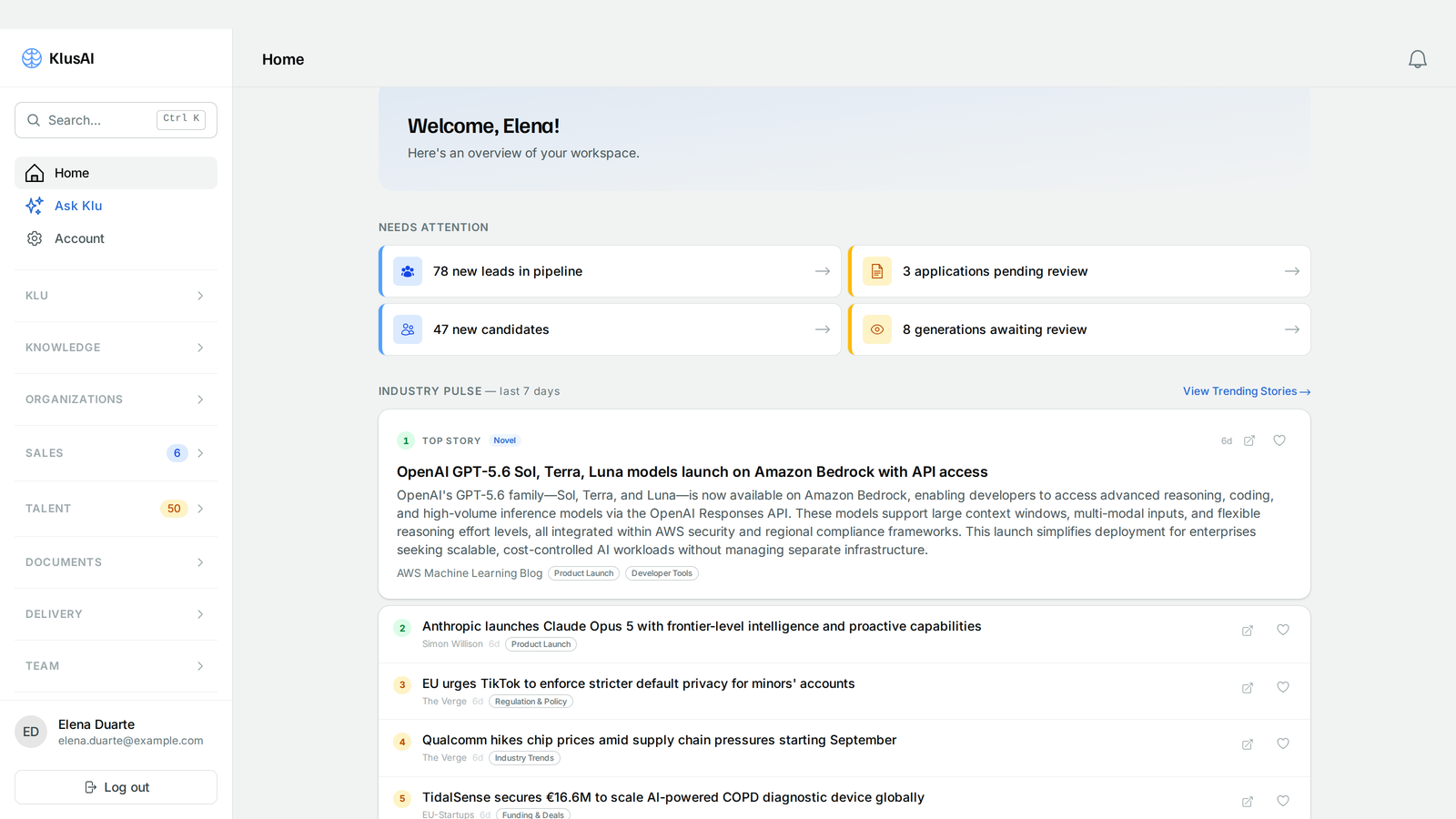 The kOS home workspace: a left navigation of platform areas, a needs-attention row showing leads, candidates and reviews awaiting action, and an AI-curated industry feed.