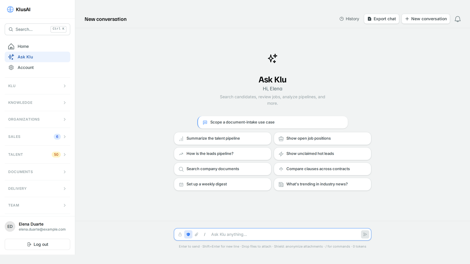 The Ask Klu screen in its empty state, offering suggestion chips for scoping a use case, checking what is running in production, and reviewing an audit trail.