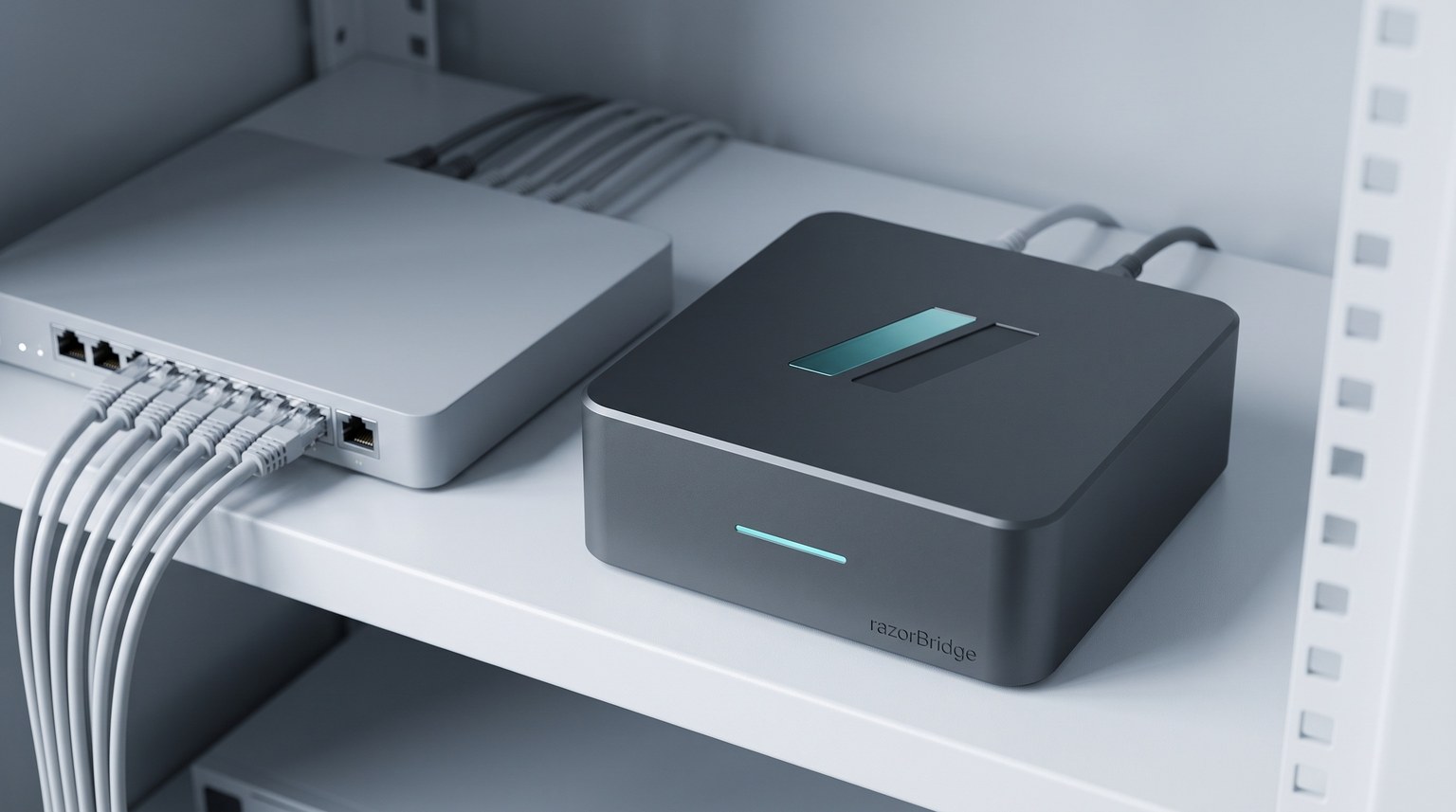 A compact graphite razorBridge Outpost on a network cabinet shelf beside a network switch, its teal status light on.